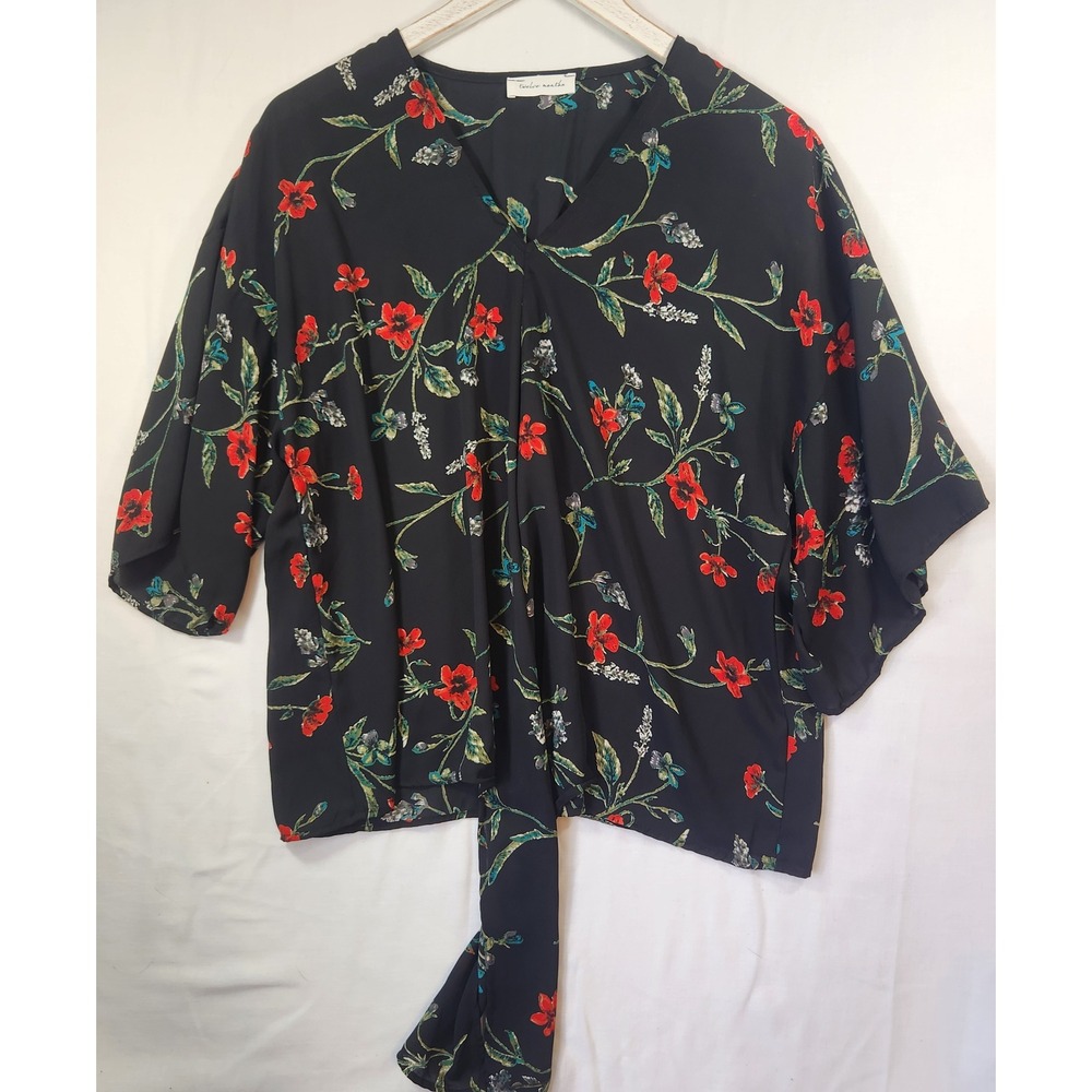 Twelve Months‎ Black Floral V-Neck Kimono Sleeve Tie Front Blouse Top whimsical